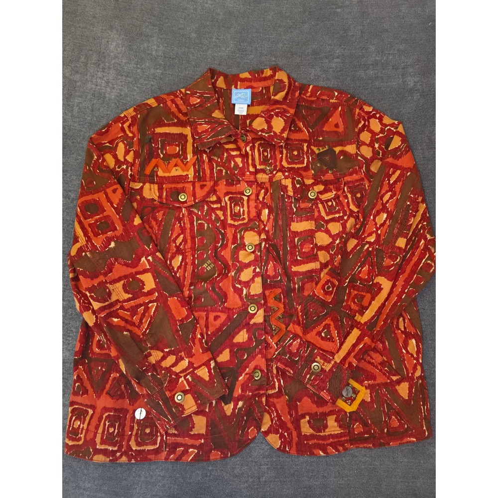 Lash Lane Womens Plus 24W Abstract Geometric Floral Button Front Jacket Orange